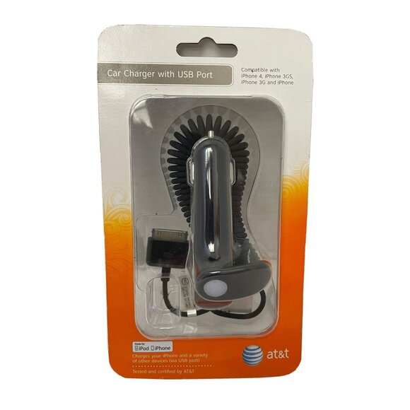 AT&T CAR CHARGER USB PORT- BRAND NEW FOR IPHONE 4 -3GS 3G Old Tech New - Picture 1 of 6